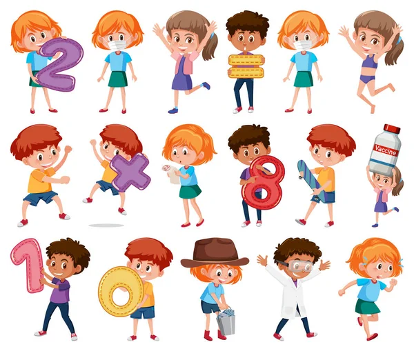 Ensemble Enfants Faisant Différentes Activités Sur Fond Blanc Illustration — Image vectorielle