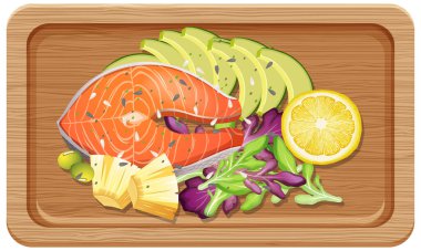 Ahşap tepside somon bifteğinin en üst görüntüsü.