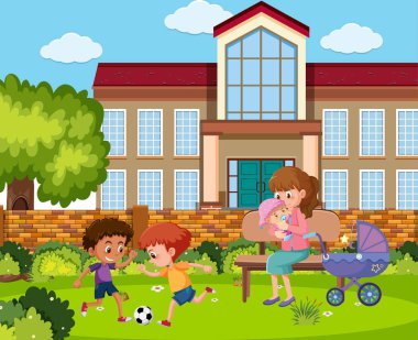 Çizgi film karakteri illüstrasyonlu açık hava park sahnesi