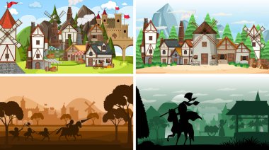 Siluet resimli farklı ortaçağ sahneleri.