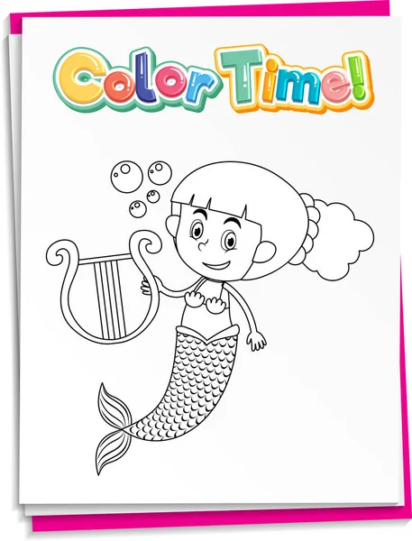 Worksheets Template Color Time Text Mermaid Outline Illustration — Stock Vector