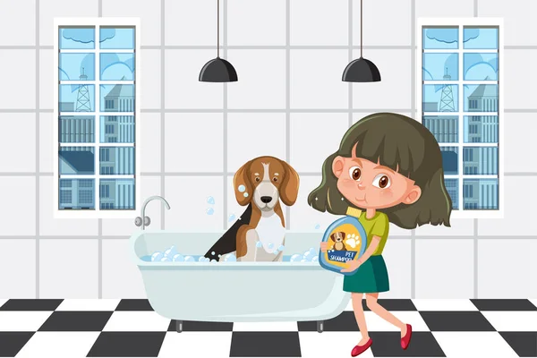 Una Chica Lavando Perro Beagle Ilustración Del Baño — Vector de stock