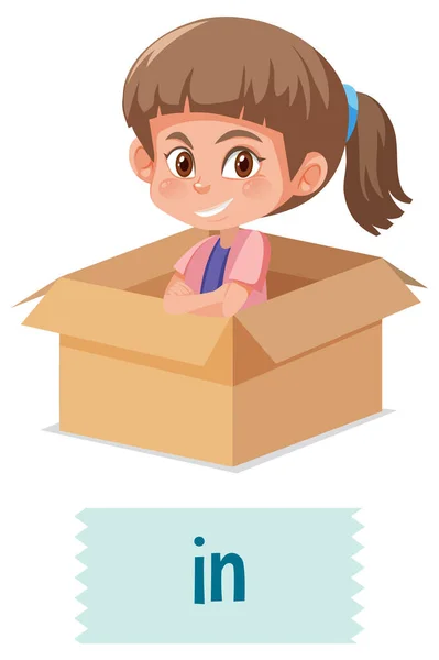 Preposition Place Cartoon Girl Box Illustration — Stock Vector