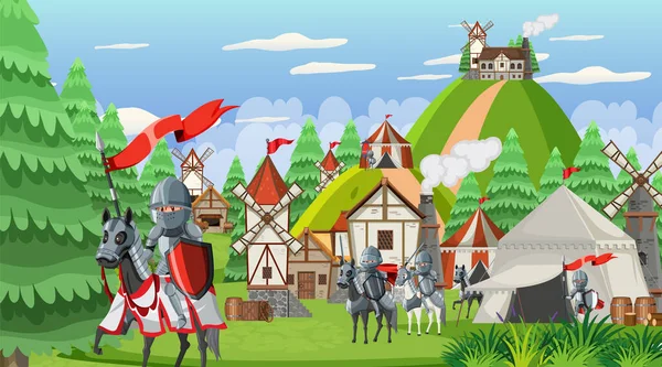 Köylülerin resimli olduğu ortaçağ kasaba sahnesi