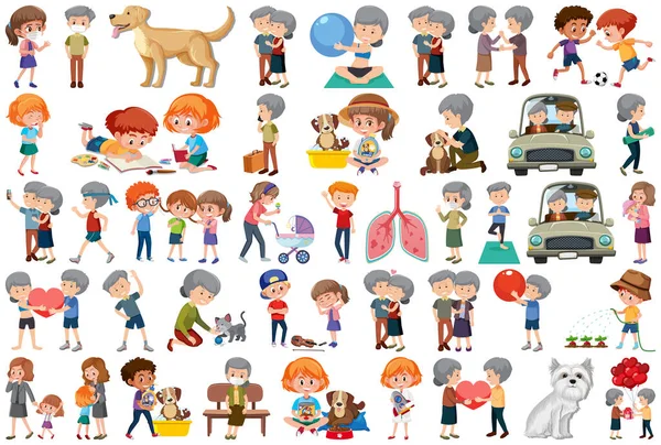Çizgi film stili illüstrasyonunda farklı aktiviteler yapan insanlar