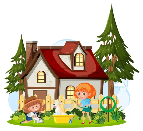 Çizgi film çizimlerinin önünde köpeğini yıkayan bir kız.