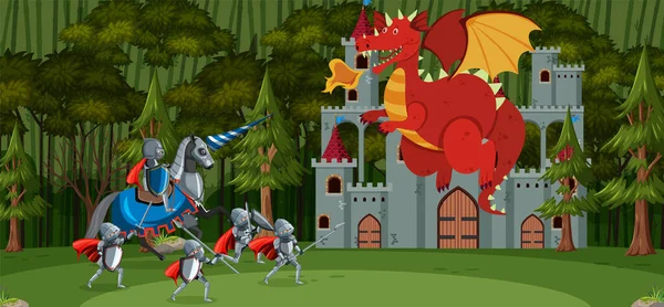 Scena Con Cavaliere Drago Nella Foresta Illustrazione — Vettoriale Stock