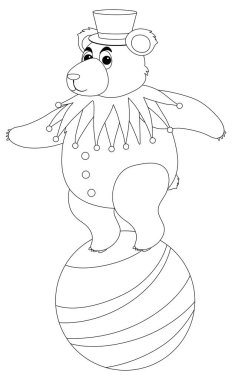 Topun üzerindeki sirk ayısı siyah ve beyaz karalama karakteri çizimi