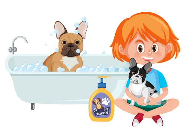 Chica Feliz Lavando Bulldog Francés Sobre Fondo Blanco Ilustración — Vector de stock