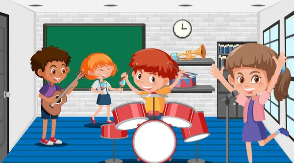 Σχολή Μουσική Τάξη Μαθητές Παιδιά Εικονογράφηση — Διανυσματικό Αρχείο