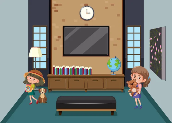 Wohnzimmer Szene Mit Kindern Zeichentrickfigur Illustration — Stockvektor