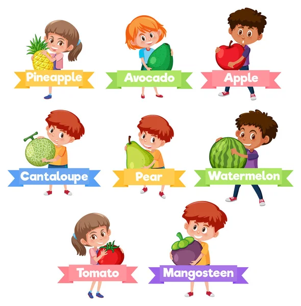 Dzieci Trzymające Owoce Warzywa Białym Tle Ilustracja — Wektor stockowy