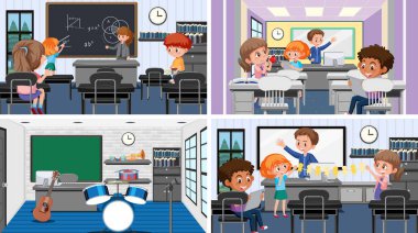 Sınıf sahne illüstrasyonunda öğrenci seti