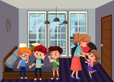 Aile üyelerinin resimleriyle yatak odası sahnesi