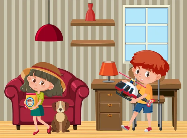 Zimmerszene Mit Kindern Zeichentrickfigur Illustration — Stockvektor