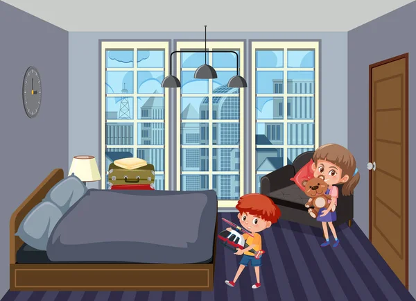 Schlafzimmer Szene Mit Kindern Zeichentrickfigur Illustration — Stockvektor