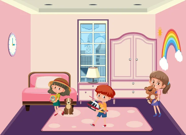 带卡通人物插图的粉红卧室场景 — 图库矢量图片