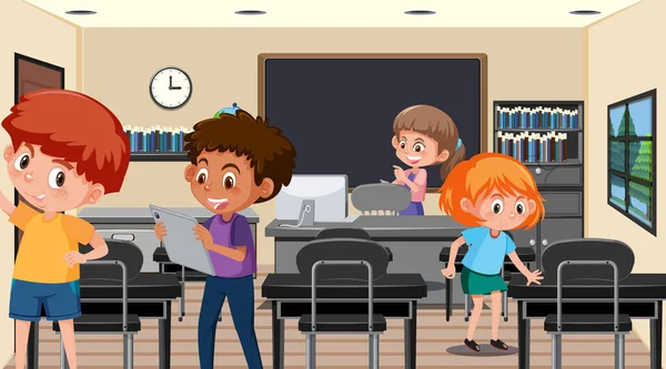 Aula Escolar Con Ilustración Niños Estudiantes — Vector de stock