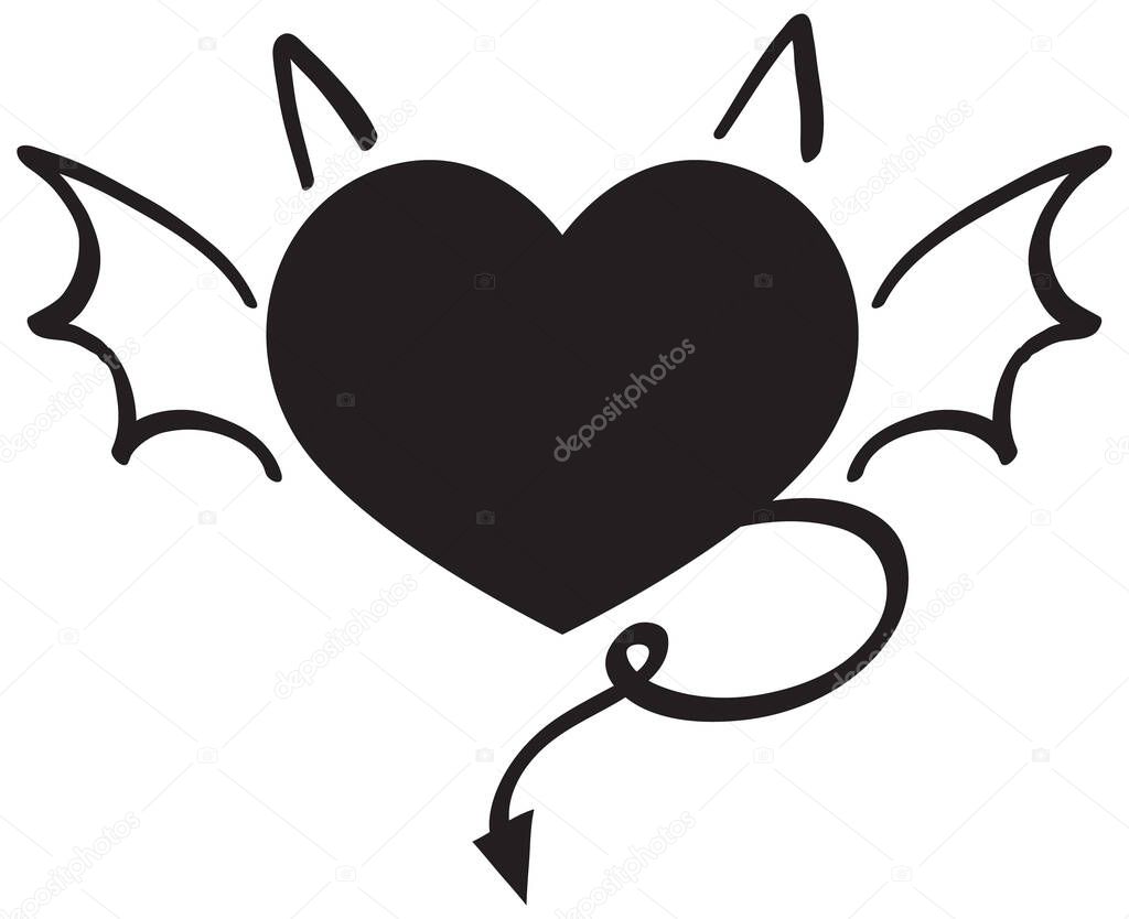 Black devil heart in doodle style illustration