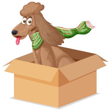 Beyaz arkaplan çiziminde kutuda oturan bir köpek