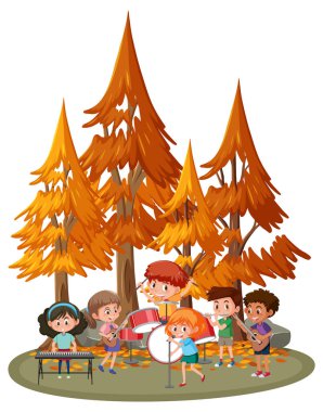 Çocuk müzik grubu resimleriyle izole edilmiş bir açık hava parkı.