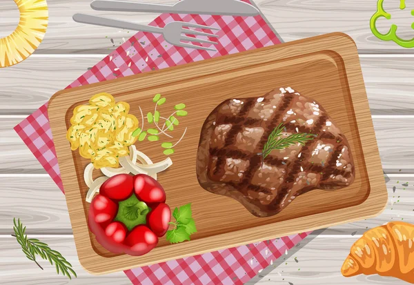 Vista Dall Alto Carne Bistecca Vassoio Legno Illustrazione — Vettoriale Stock