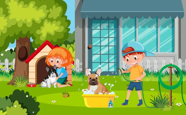 儿童洗狗的户外场景图片说明 — 图库矢量图片