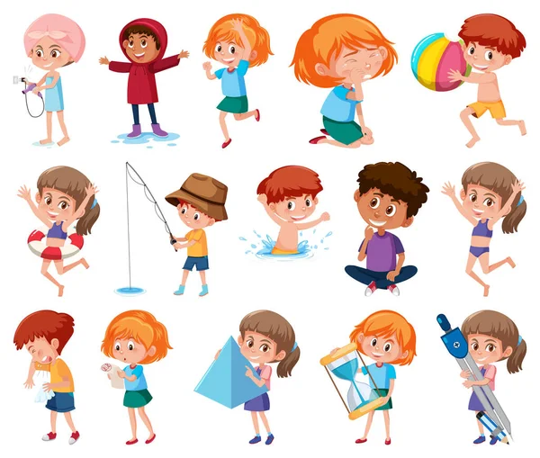 Ensemble Enfants Faisant Différentes Activités Sur Fond Blanc Illustration — Image vectorielle