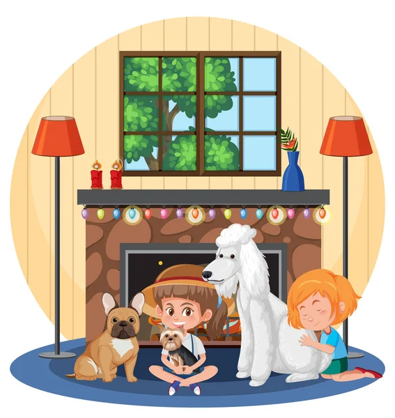 Niños Con Sus Perros Ilustración Dibujos Animados — Vector de stock