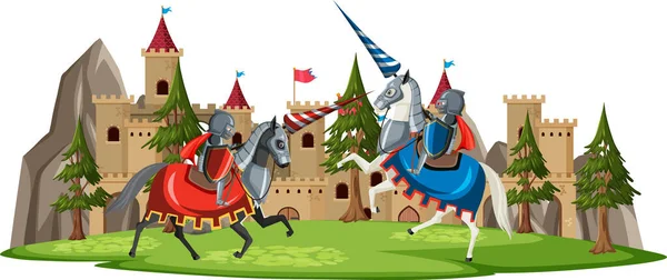 Ritter Kämpfen Vor Der Burg — Stockvektor