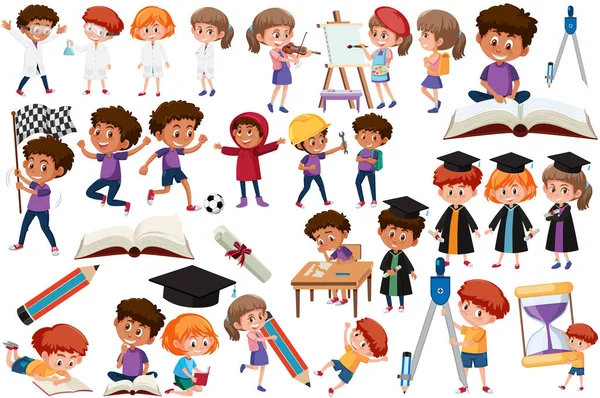 Colección Muchos Niños Haciendo Diferentes Actividades Ilustración — Vector de stock