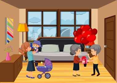 Aile üyelerinin resimleriyle yatak odası sahnesi