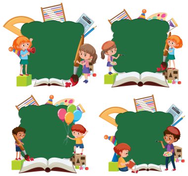 Beyaz arkaplan resimlemesindeki çocuklarla sınır şablonu