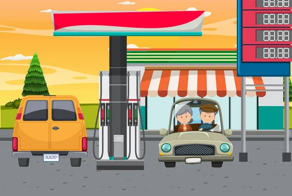Posto Gasolina Desenho Animado Cena Ilustração — Vetor de Stock