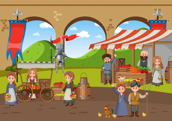 Medieval Market Scene Villagers Illustration — Stock Vector
