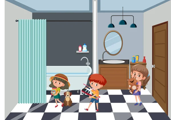 Fürdőszoba Gyermekekkel Kezében Játékokat Illusztráció — Stock Vector
