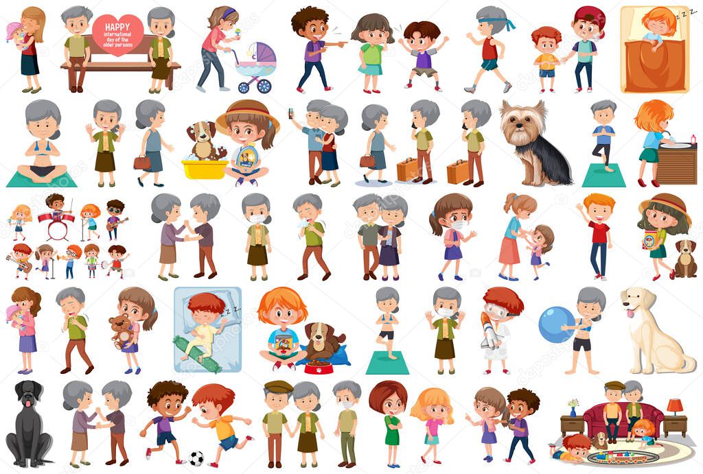 Set of different activities people in cartoon style illustration