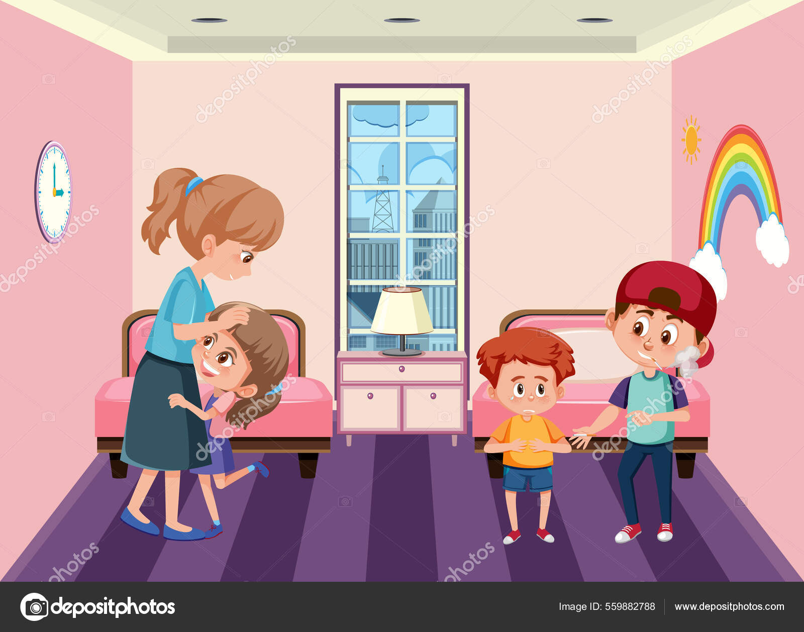 Pink Bedroom Scene Cartoon Character Illustration Stock Vector by