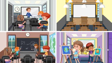 Sınıf sahne illüstrasyonunda öğrenci seti