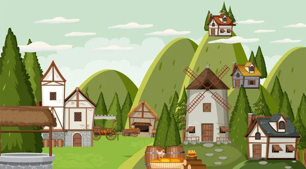 Średniowieczne Miasto Scena Tło Ilustracja — Wektor stockowy