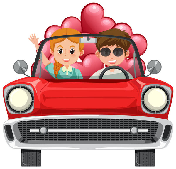 Couple in classic red car on white background illustration