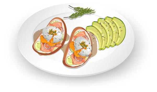 Comida Vista Superior Benedicto Huevo Aguacate Sobre Fondo Blanco Ilustración — Vector de stock