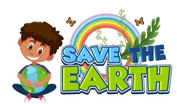 Happy Earth Day Boy Hugging Earth Globe Illustration — Stock Vector