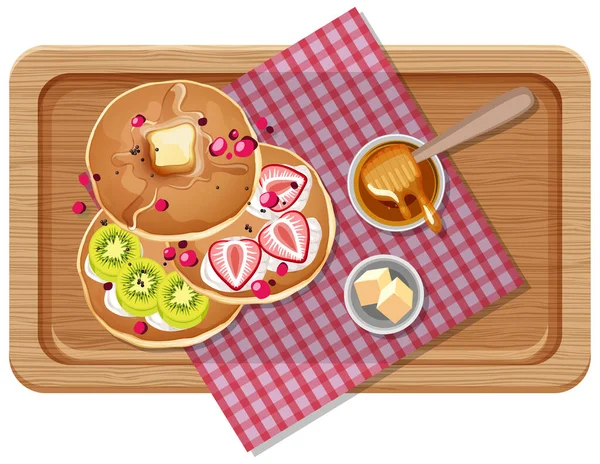 木製のトレイイラストの朝食のトップビュー — ストックベクタ