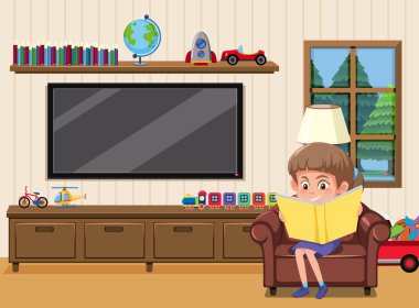 Çocuk çizgi film karakteri çizimleriyle oturma odası sahnesi