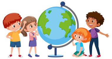 Dünya çizimleriyle öğrenen bir grup çocuk.