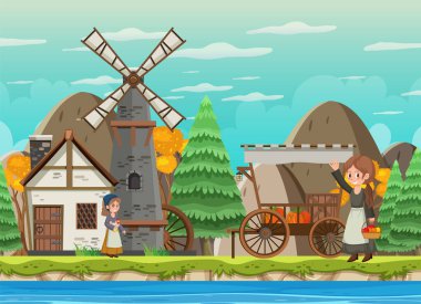 Köylülerin resimli olduğu ortaçağ kasaba sahnesi