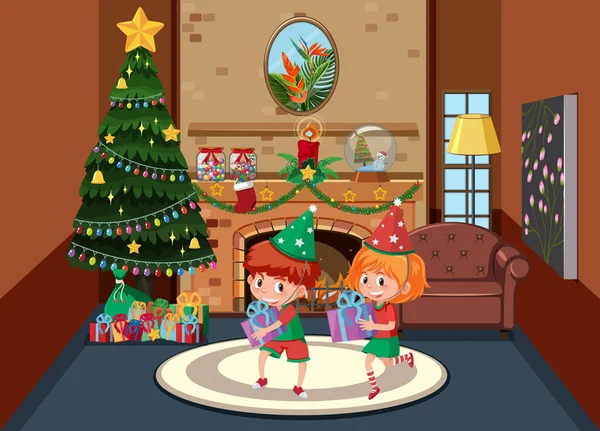 Kinder Feiern Weihnachten Hause Illustration — Stockvektor