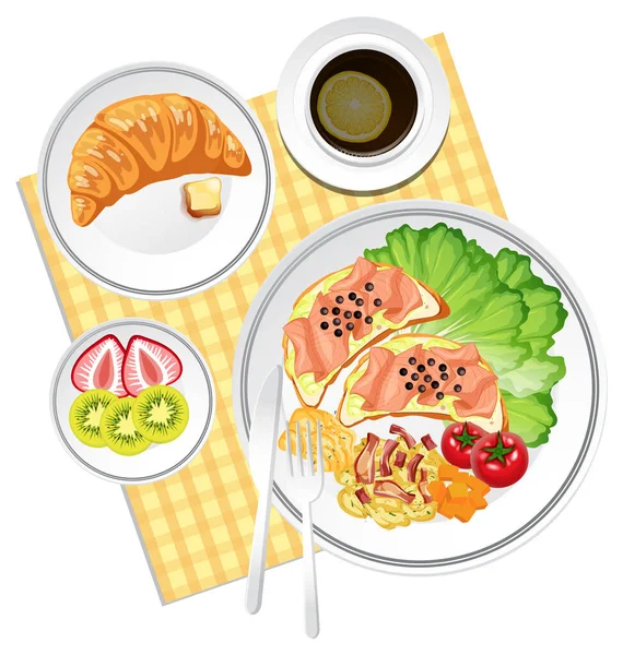 食品セット クロワッサンと白の背景イラスト上のプレースマットを表示 — ストックベクタ