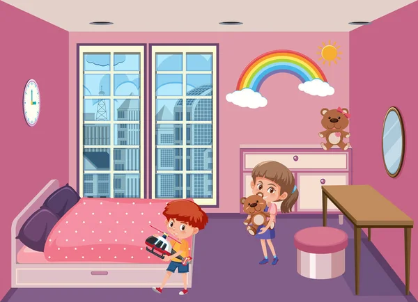 带卡通人物插图的粉红卧室场景 — 图库矢量图片